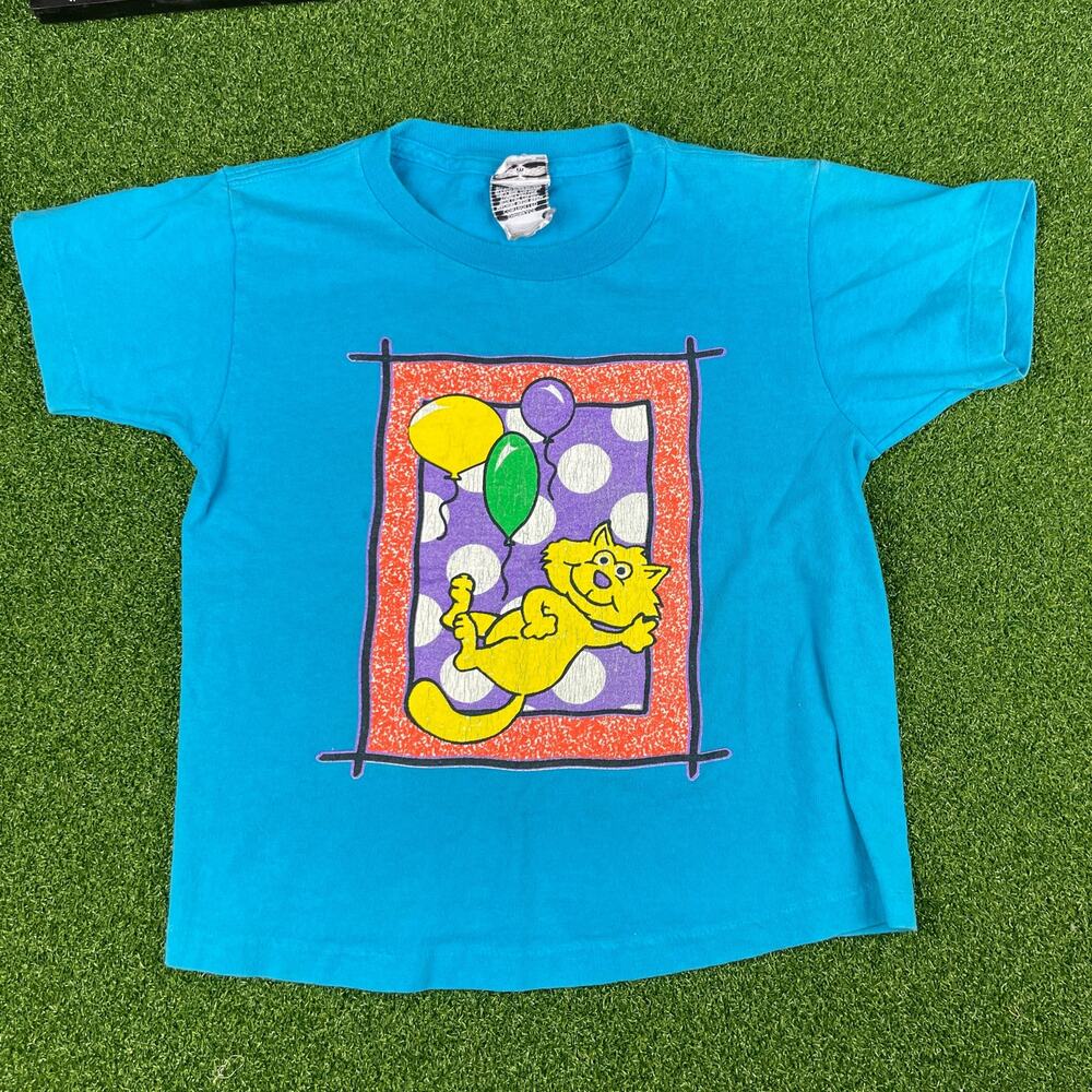 Vintage Made in USA Kitty Cat Birthday Theme Turquoise Pre School T-Shirt Sz M